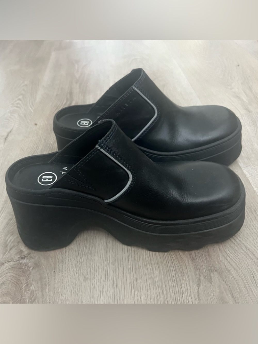 Miista Black Leather Platform Mule Clog with Contrast Piping